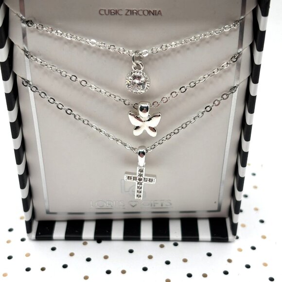 Lori’s Gifts Layered Necklace Set Cubic Zirconia Cross Angel Charm Silver Tone - Picture 3 of 3